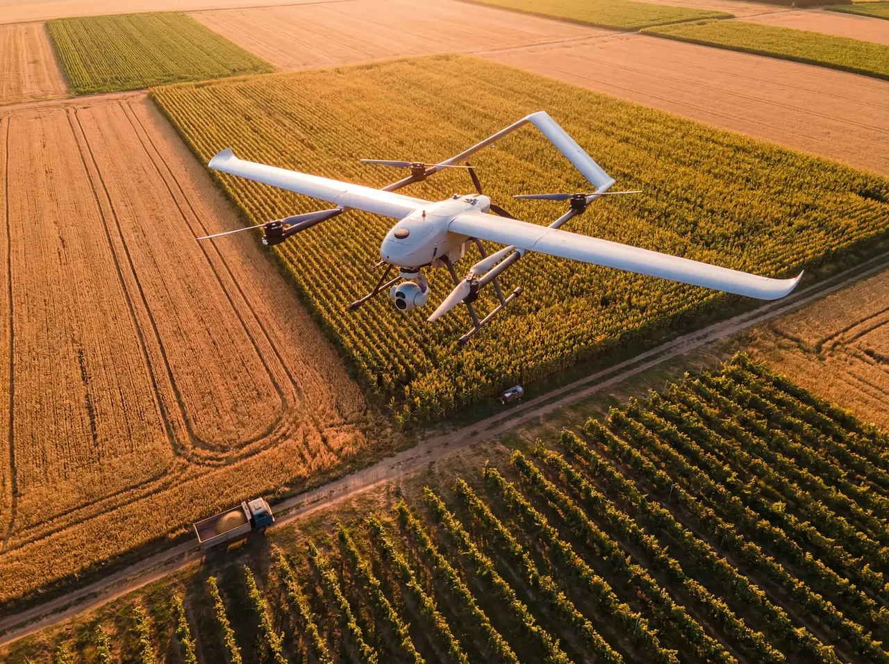Agricultural drone spraying a field