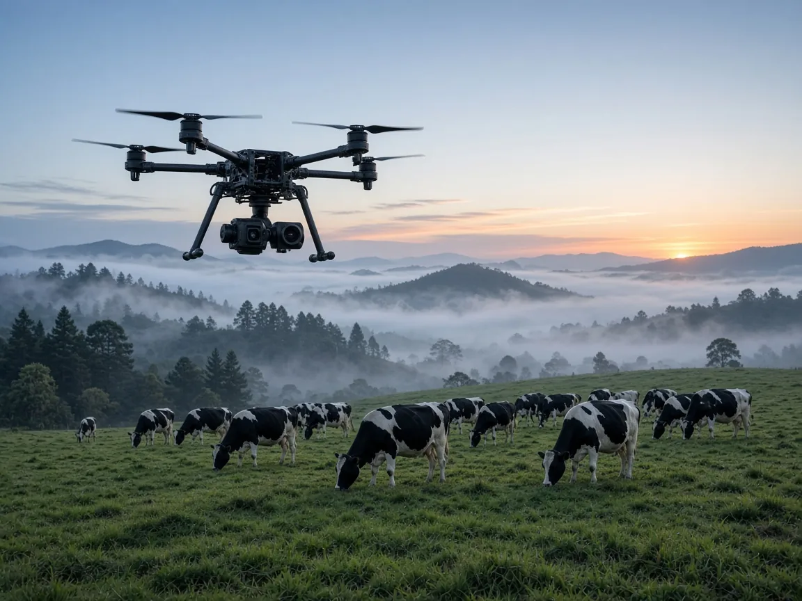 Drone with thermal and daylight cameras above dairy cattle on a misty hill pasture at dawn