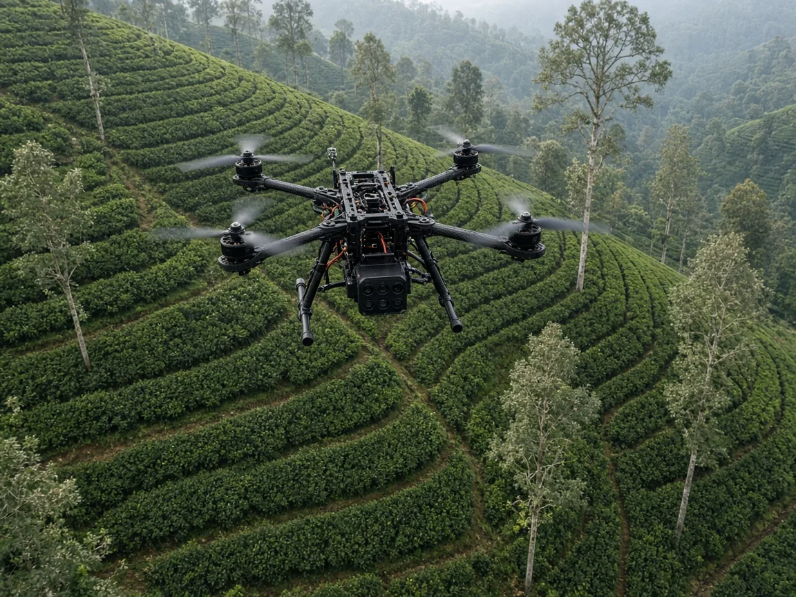 Mapping drone with a downward multispectral camera flying over tea terraces
