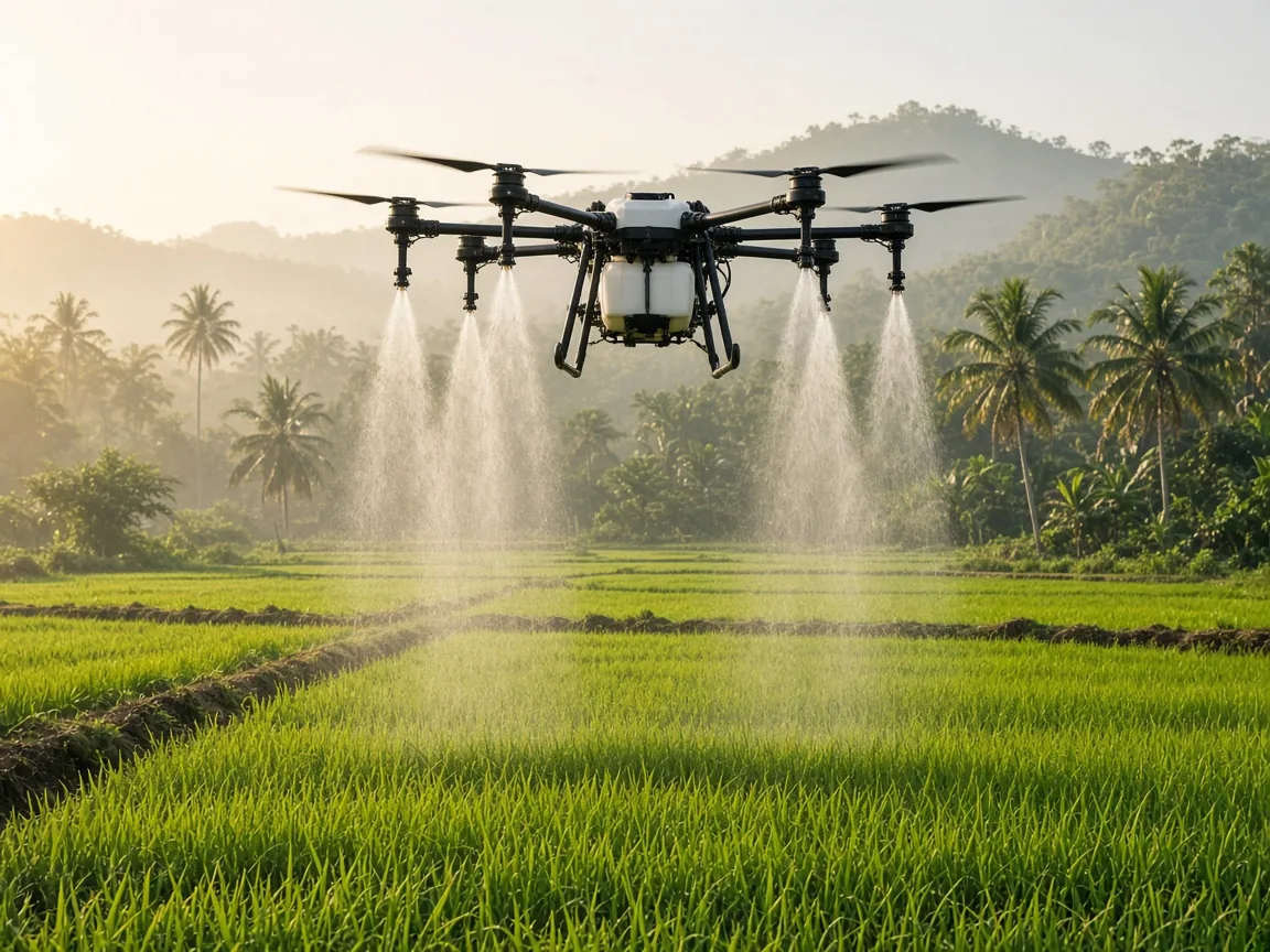Six-rotor spraying drone misting a green paddy field at sunrise