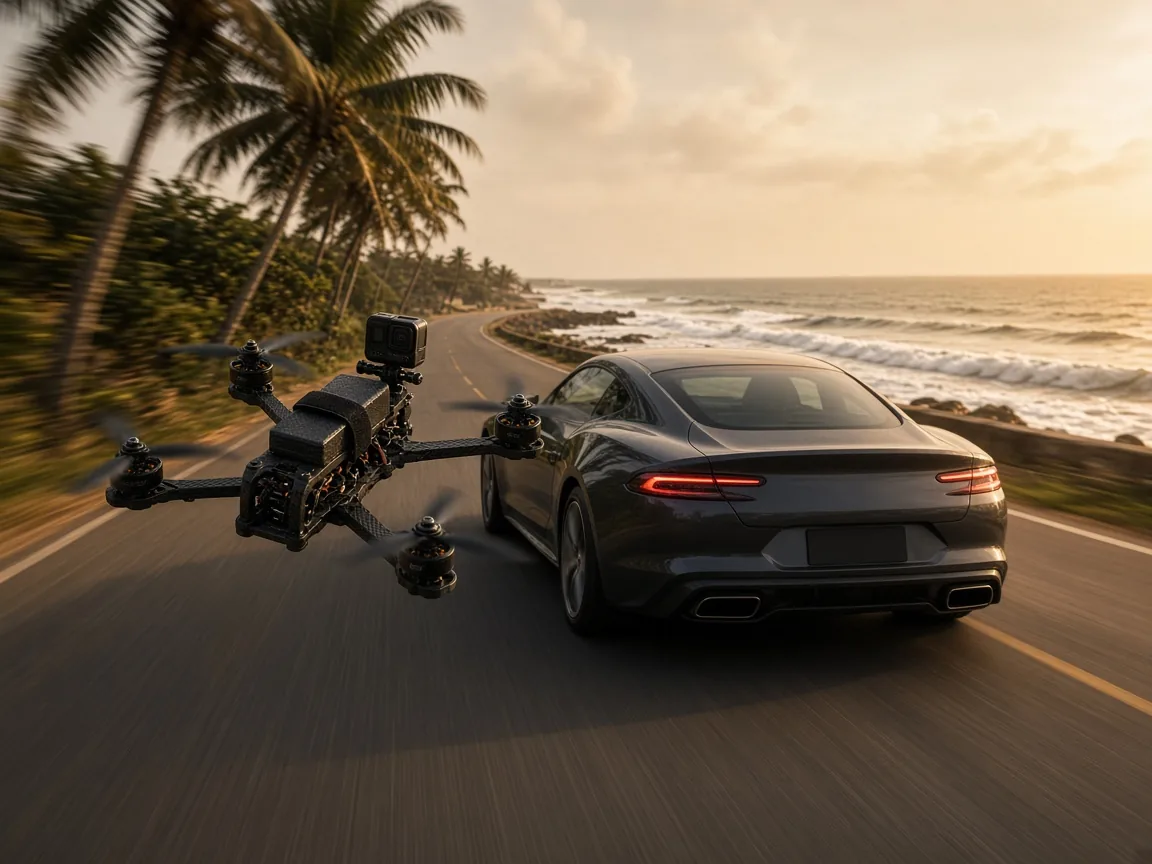Small carbon-fibre FPV drone flying close behind a sports car on a palm-lined coastal road