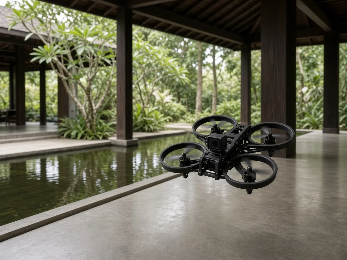 Small drone with guarded propellers gliding beside a reflecting pool in an open hotel lobby