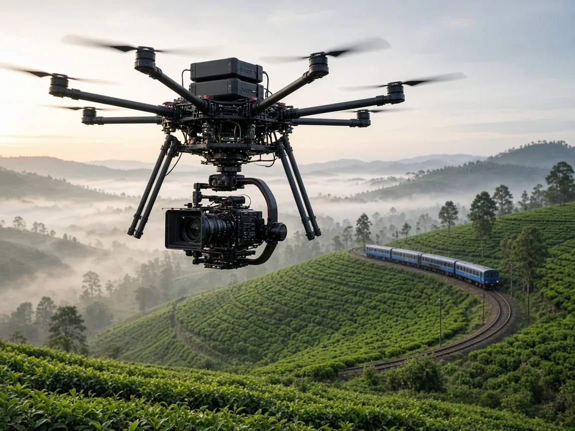 Six-rotor drone carrying a cinema camera on a gimbal above tea estates, with a train crossing the hills behind