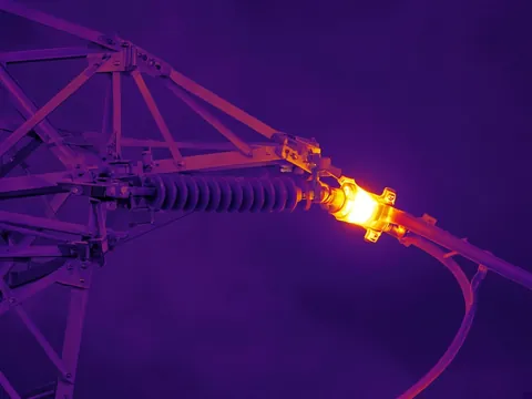 Thermal view: a clamp glows hot where the cable meets the insulator
