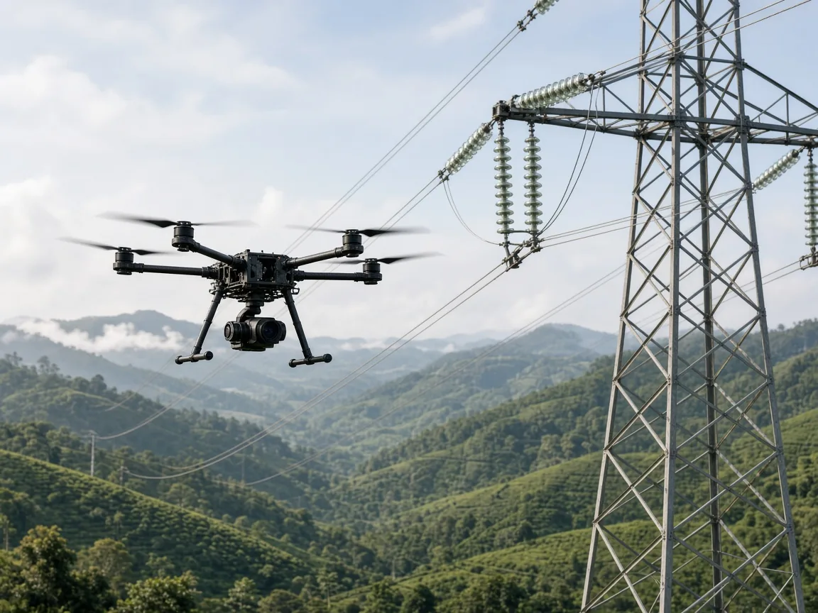Inspection drone hovering beside the insulators of a high-voltage transmission tower above tea hills