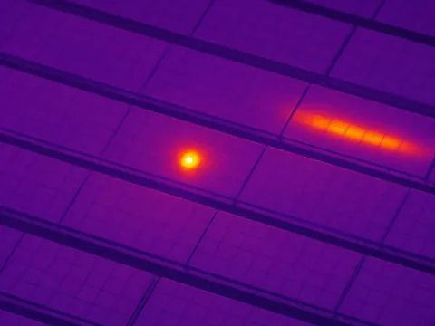 Thermal view: one hot cell and one hot strip stand out on the solar panels