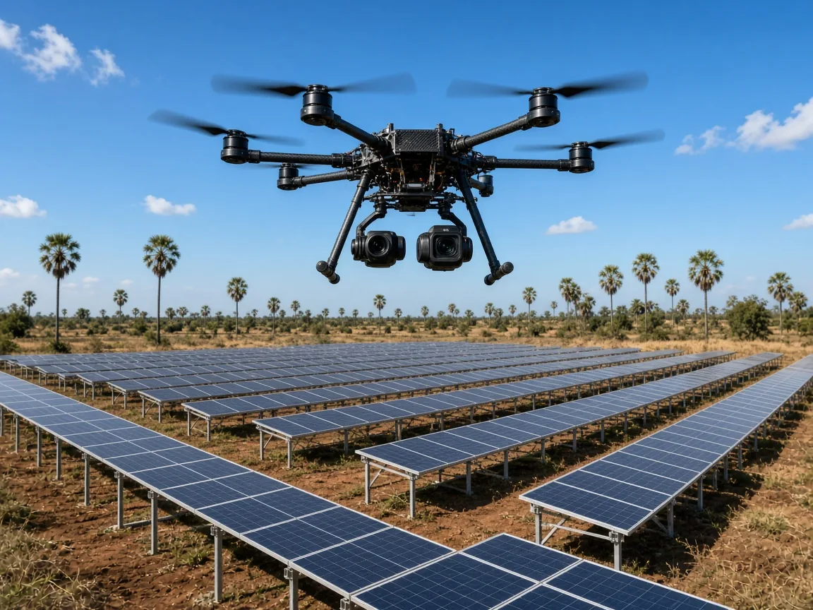 Inspection drone with thermal and zoom cameras flying over rows of solar panels
