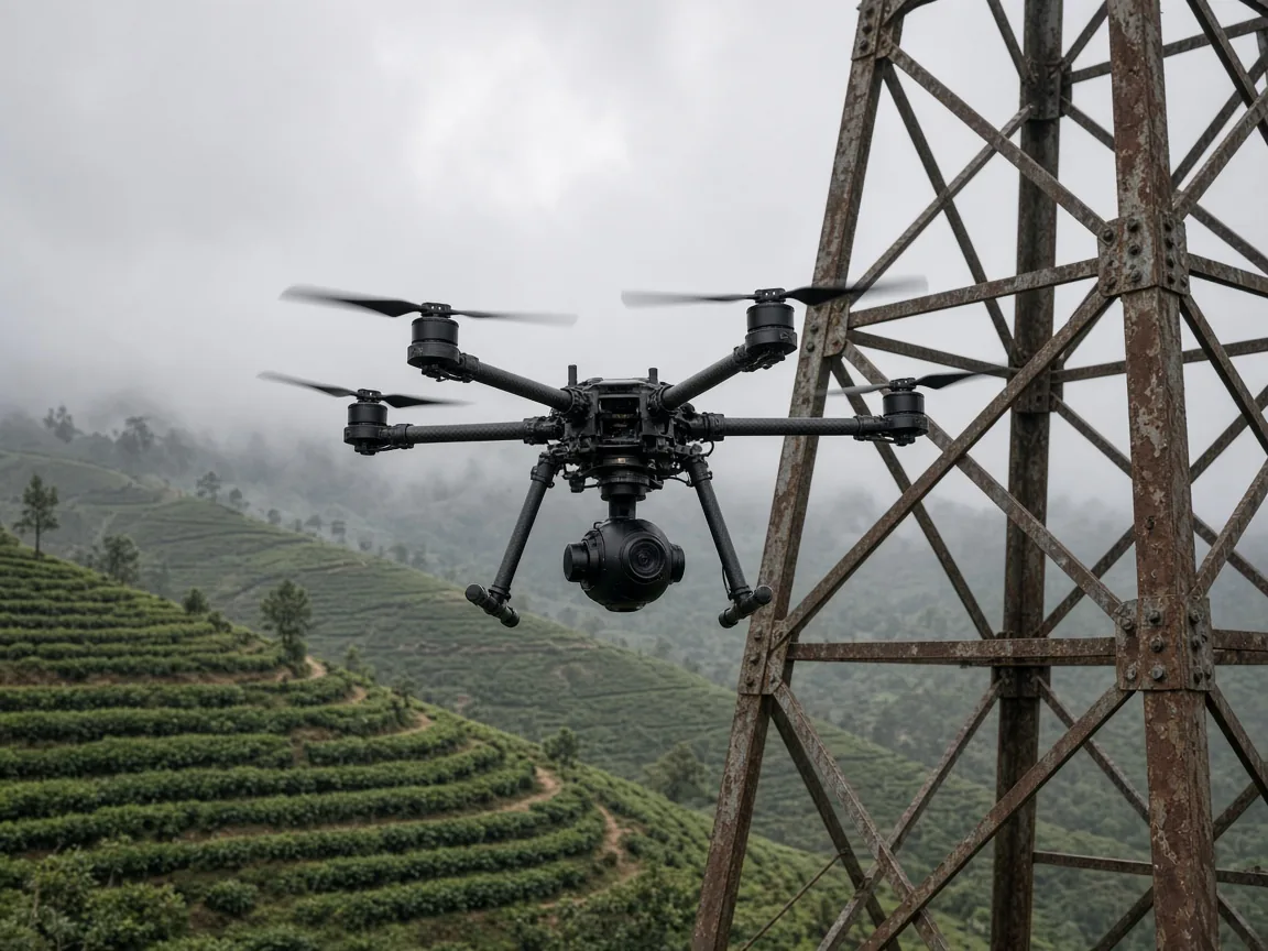 Inspection drone hovering close to the steelwork of a lattice tower above tea terraces