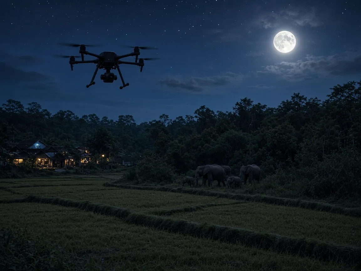 Drone over moonlit paddy fields as wild elephants come out of the jungle near a village
