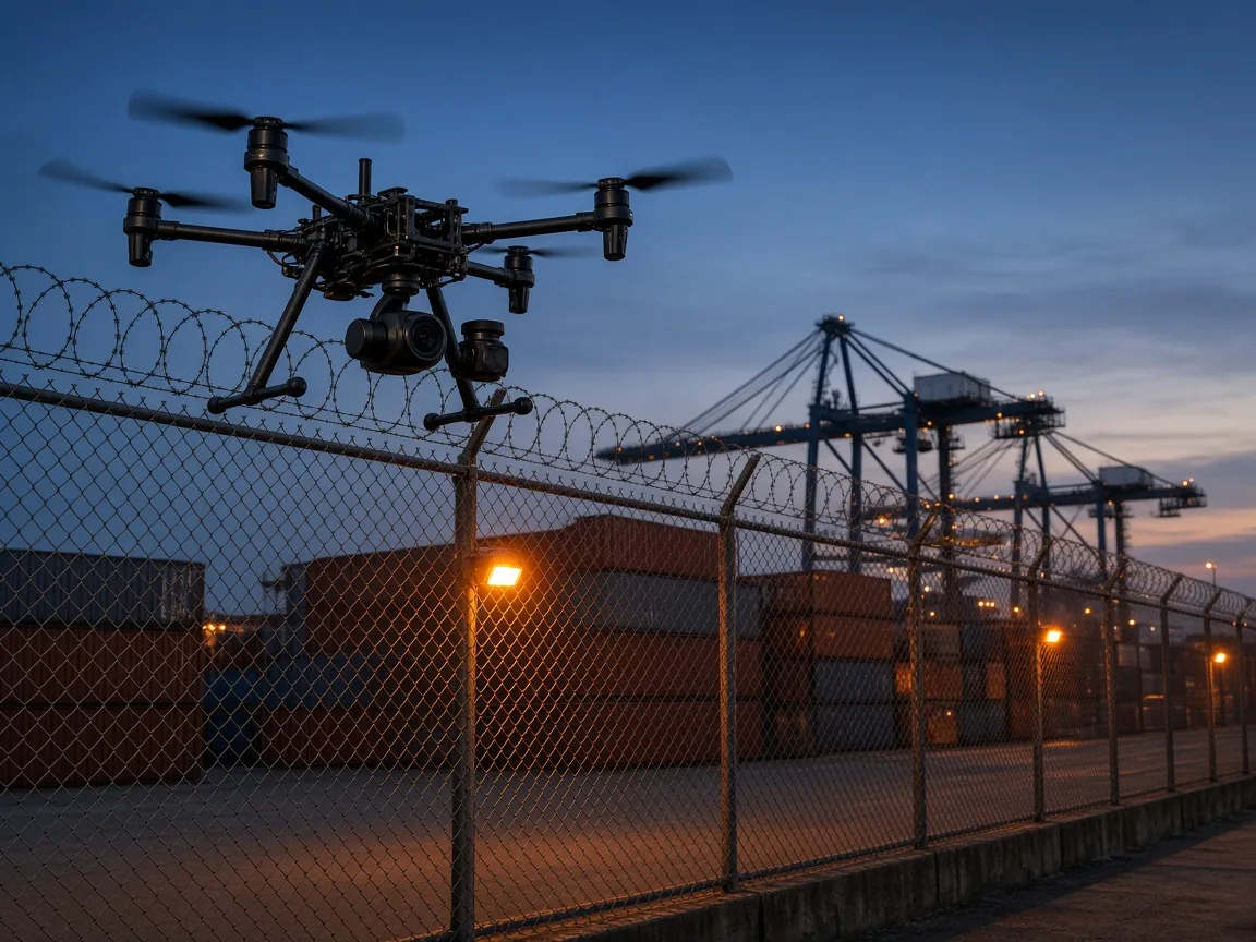 Drone with a thermal camera flying along a razor-wire fence at a container port at dusk