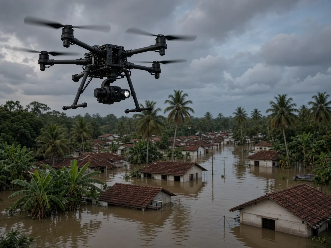 Drone with a thermal camera and spotlight above a flooded village at dusk