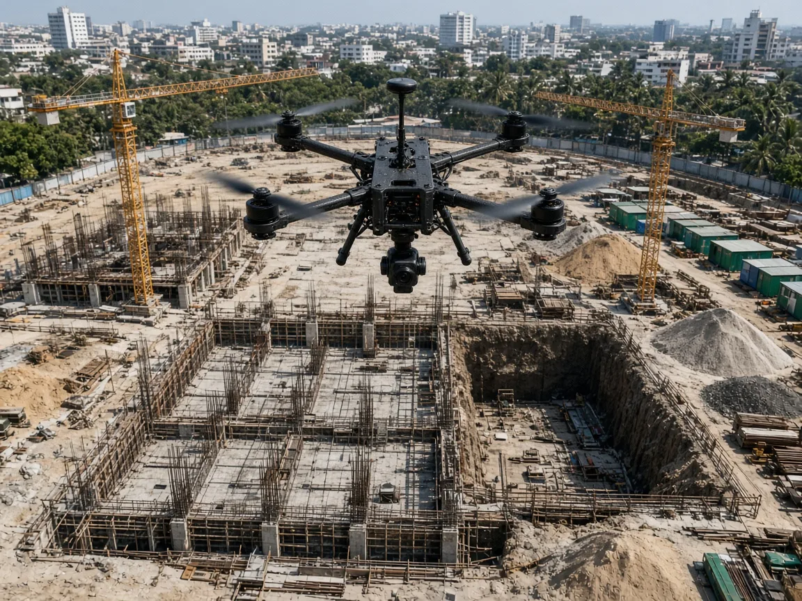 Mapping drone with a GPS antenna flying over a city construction site with tower cranes