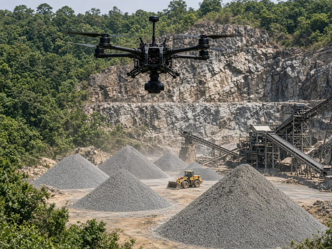 Mapping drone flying over crushed-stone stockpiles at a granite quarry