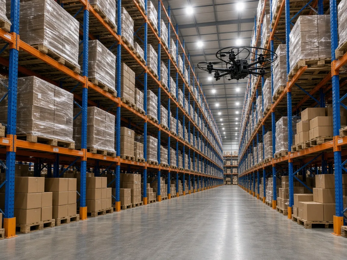 Small caged drone hovering by the top shelf of tall pallet racks in a warehouse